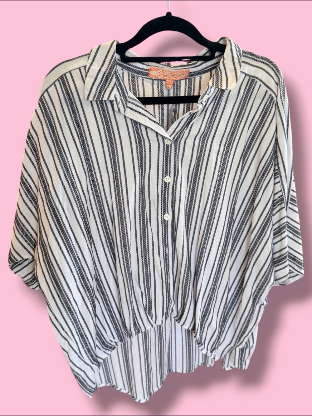 Relaxed Grey & White Striped Button-Down Shirt Free Heart